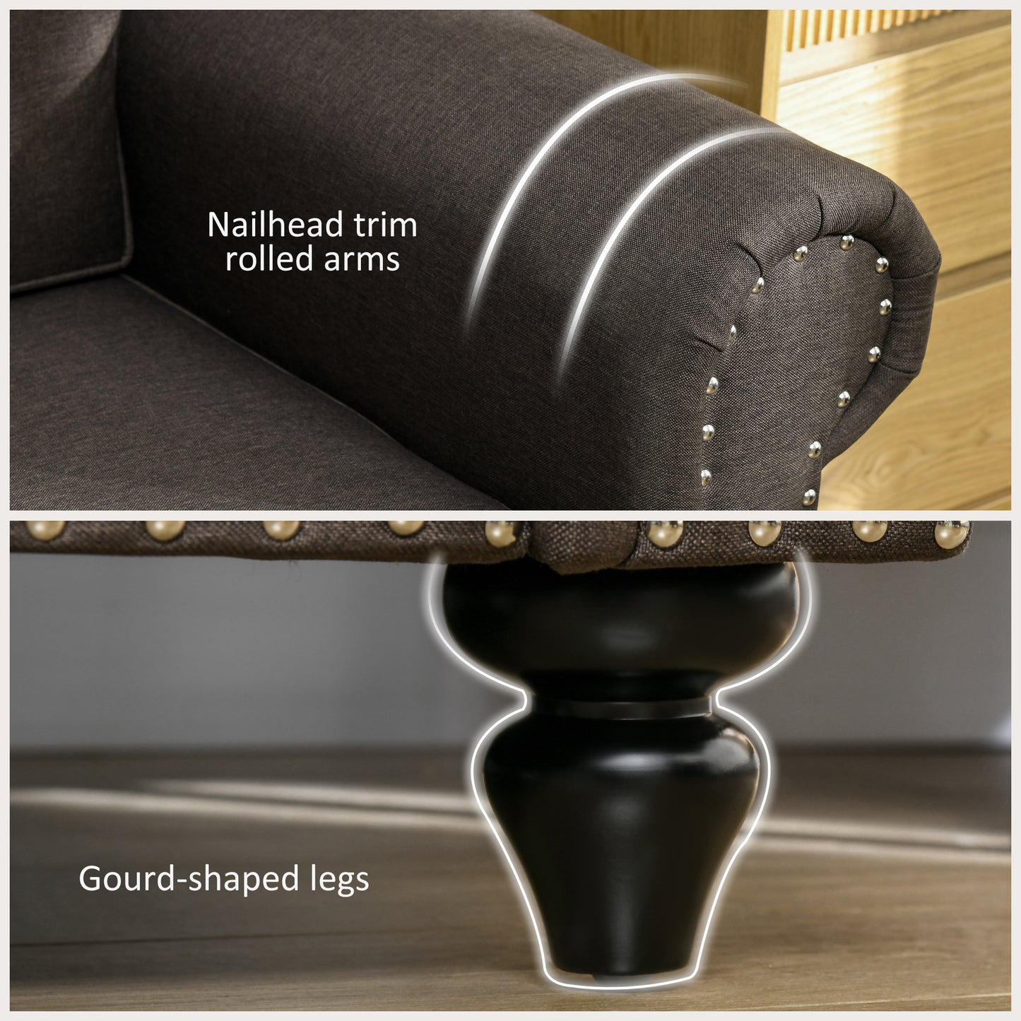 Vintage Retro Style Two Seater Sofa, Fabric Sofa Couch with Nailhead Trim, Loveseat Sofa Settee for Living Room, Dark Brown