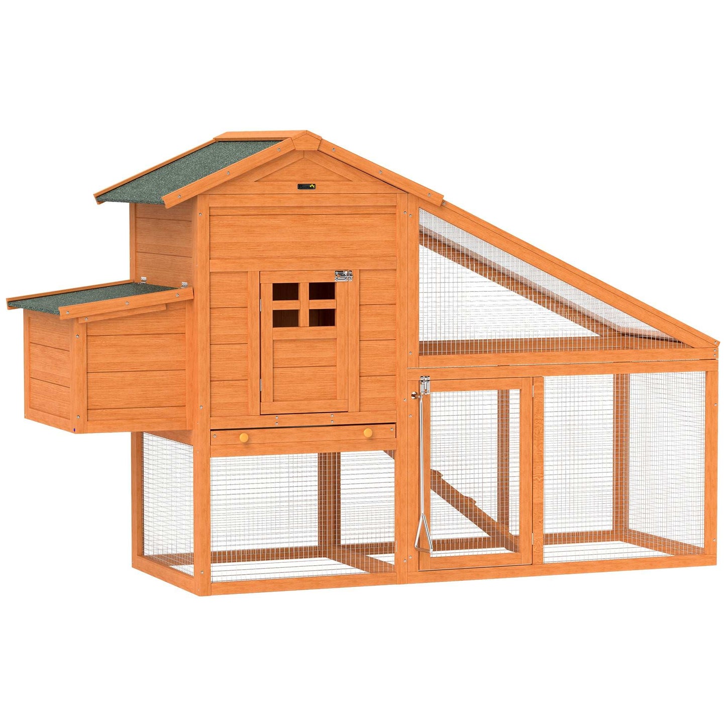 PawHut Wooden Chicken Coop with Run, Nesting Box, Slide-out Tray, Ramp, Perches, Asphalt Roof, 179 x 67 x 115cm