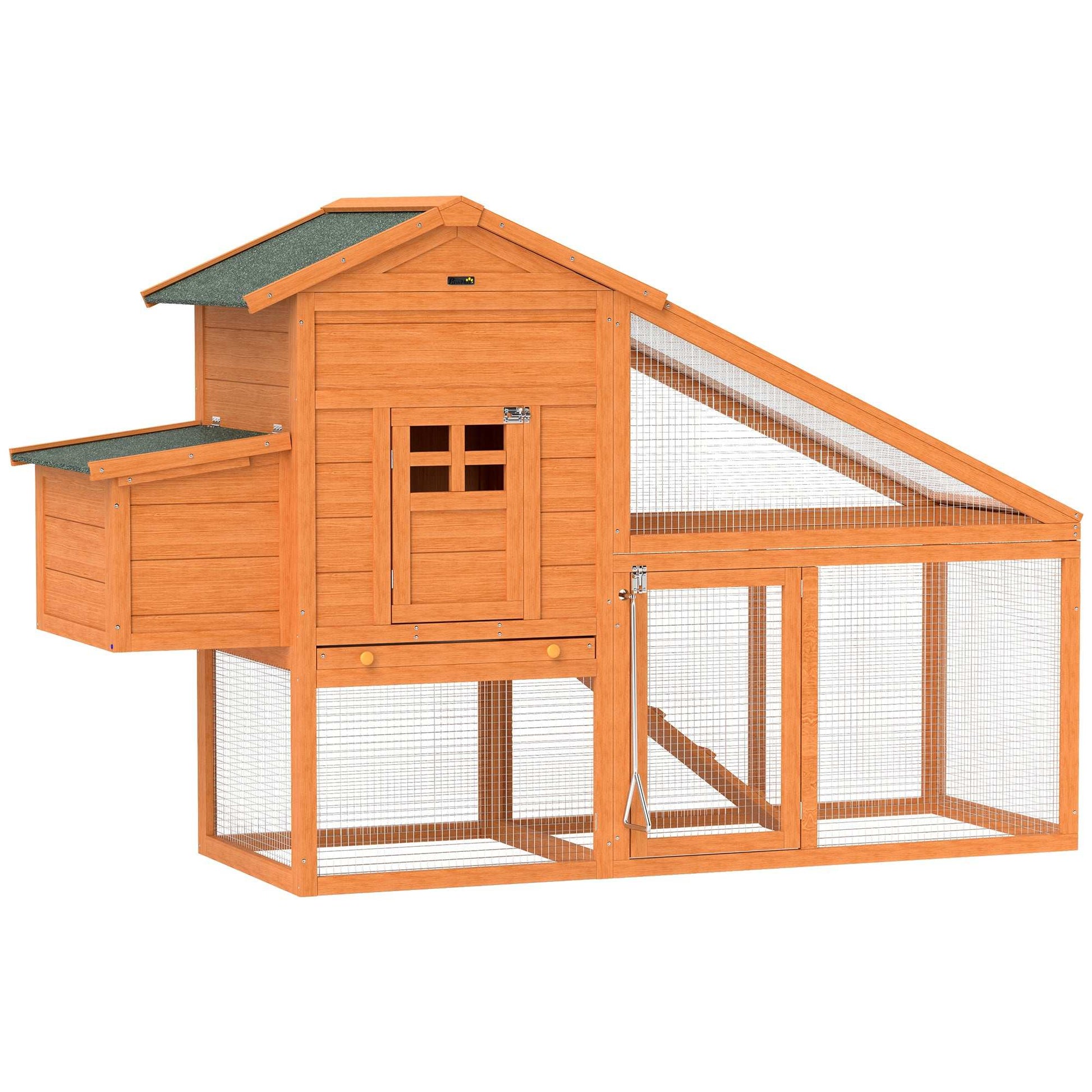 PawHut Wooden Chicken Coop with Run, Nesting Box, Slide-out Tray, Ramp, Perches, Asphalt Roof, 179 x 67 x 115cm