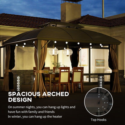 Outsunny 3.65 x 3(m) Hardtop Steel Gazebo Canopy with Aluminium Frame, Double Roof, Net Sidewalls and Curtains, Coffee