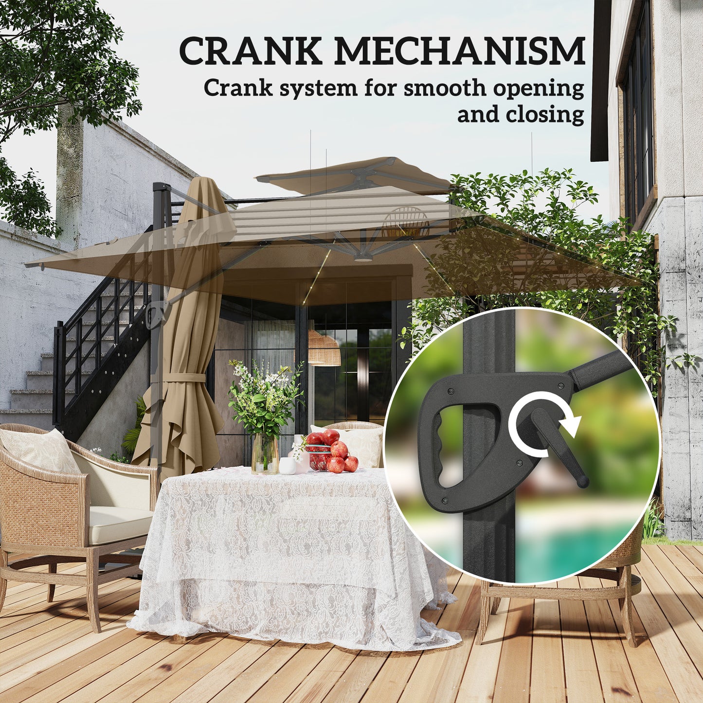 Outsunny 3.5x3 m Garden Cantilever Parasol with Solar LED Lights and Centre Light, Aluminium Large Square Patio Umbrella, UPF50+ Hanging Sun Shade with Cross Base