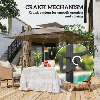 Outsunny 3.5x3 m Garden Cantilever Parasol with Solar LED Lights and Centre Light, Aluminium Large Square Patio Umbrella, UPF50+ Hanging Sun Shade with Cross Base