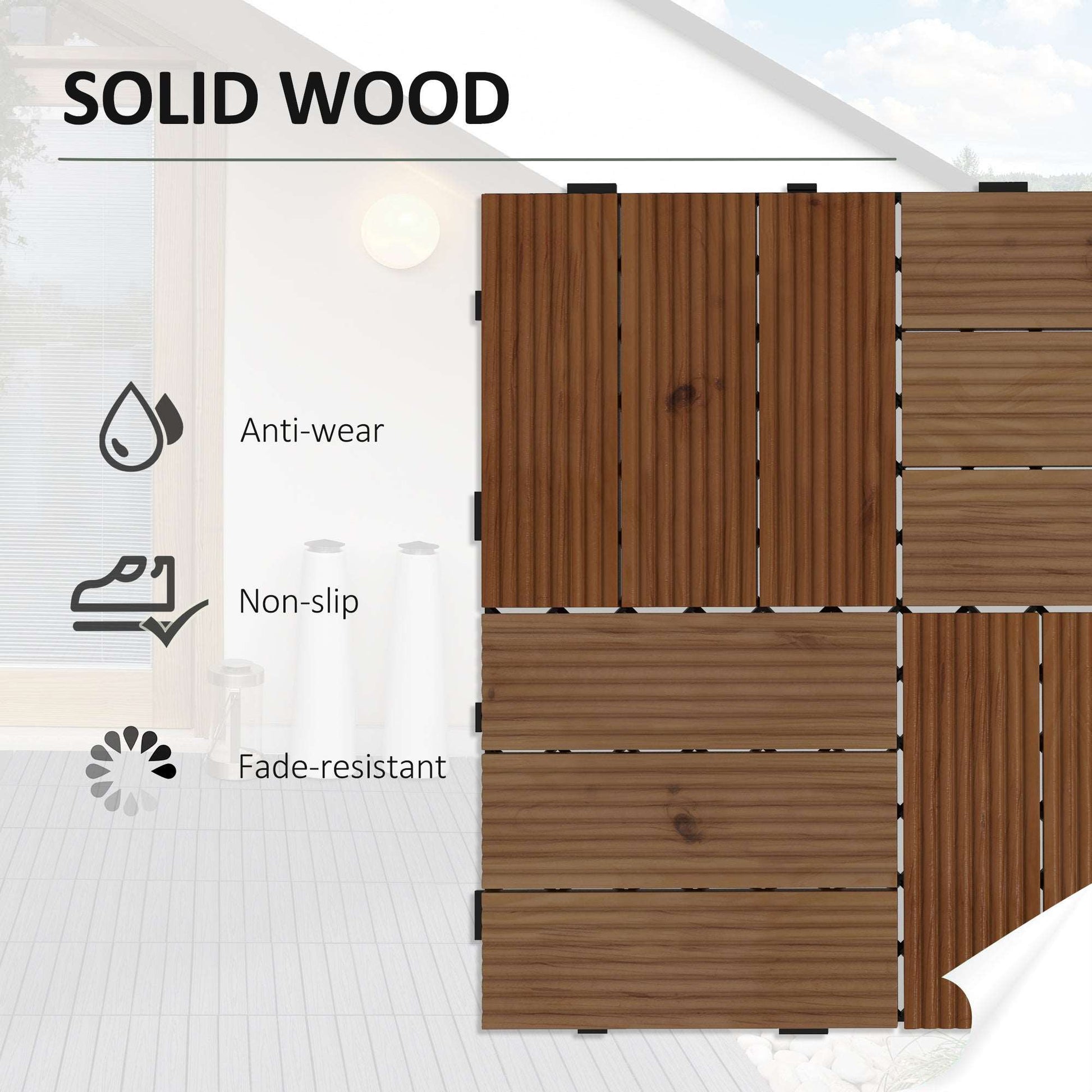 27 Pcs Wooden Interlocking Decking Tiles, 30 x 30 cm Anti-slip Outdoor Flooring, 0.81㎡ per Pack, All Weather Use for Patio, Balcony, Terrace, Hot Tub, Brown