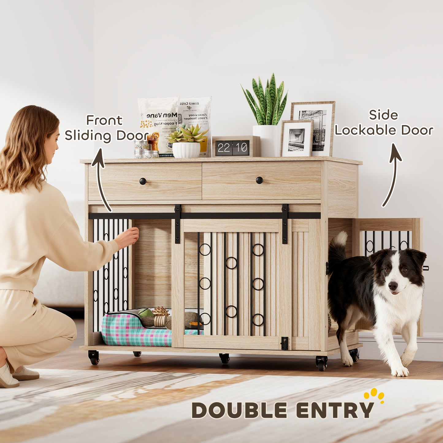 PawHut Dog Crate Furniture on Wheels, Dog Cage with 2 Drawers, Sliding Door, for Medium Large Dogs, Oak Tone