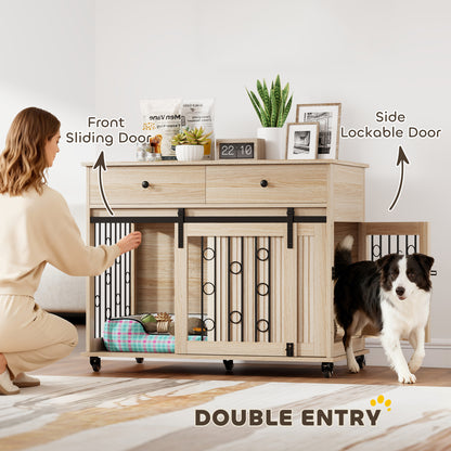 PawHut Dog Crate Furniture on Wheels, Dog Cage with 2 Drawers, Sliding Door, for Medium Large Dogs, Oak Tone