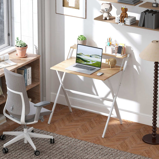 81.5 cm Folding Computer Desk with Monitor Shelf - Natural Wood Finish / Rustic Brown Finish