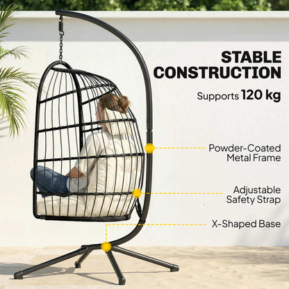 Hanging Egg Chair with Stand | 15cm Thick Cushion & Headrest | Adjustable Chain | Safety Strap | Foldable Basket | PE Rattan | 120kg | Indoor & Outdoor | Black & Cream White