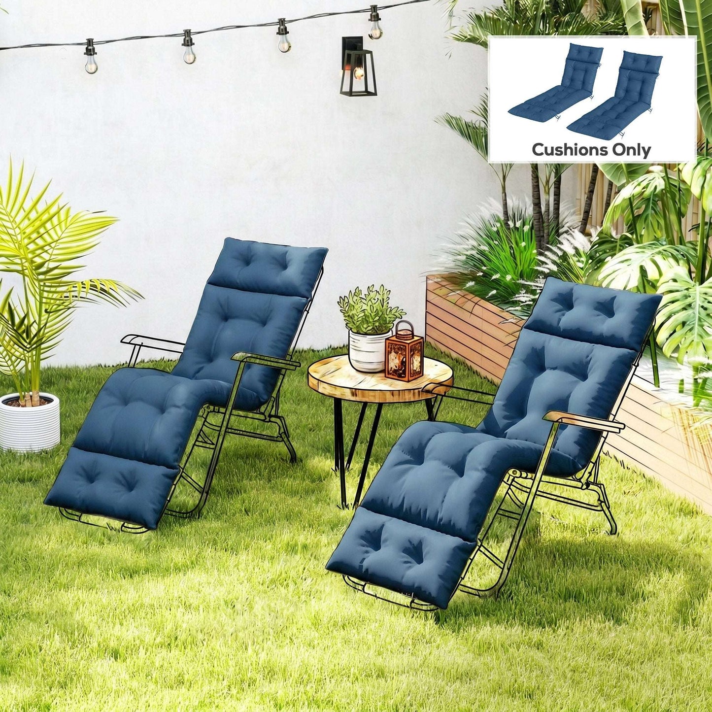 Set of 2 Sun Lounger Cushions | 190x56x10cm | High-Resilience PP Foam | UPF20+ | Fade & Splash Resistant | 220gsm Polyester | 6 Tie Fastenings | Navy Blue