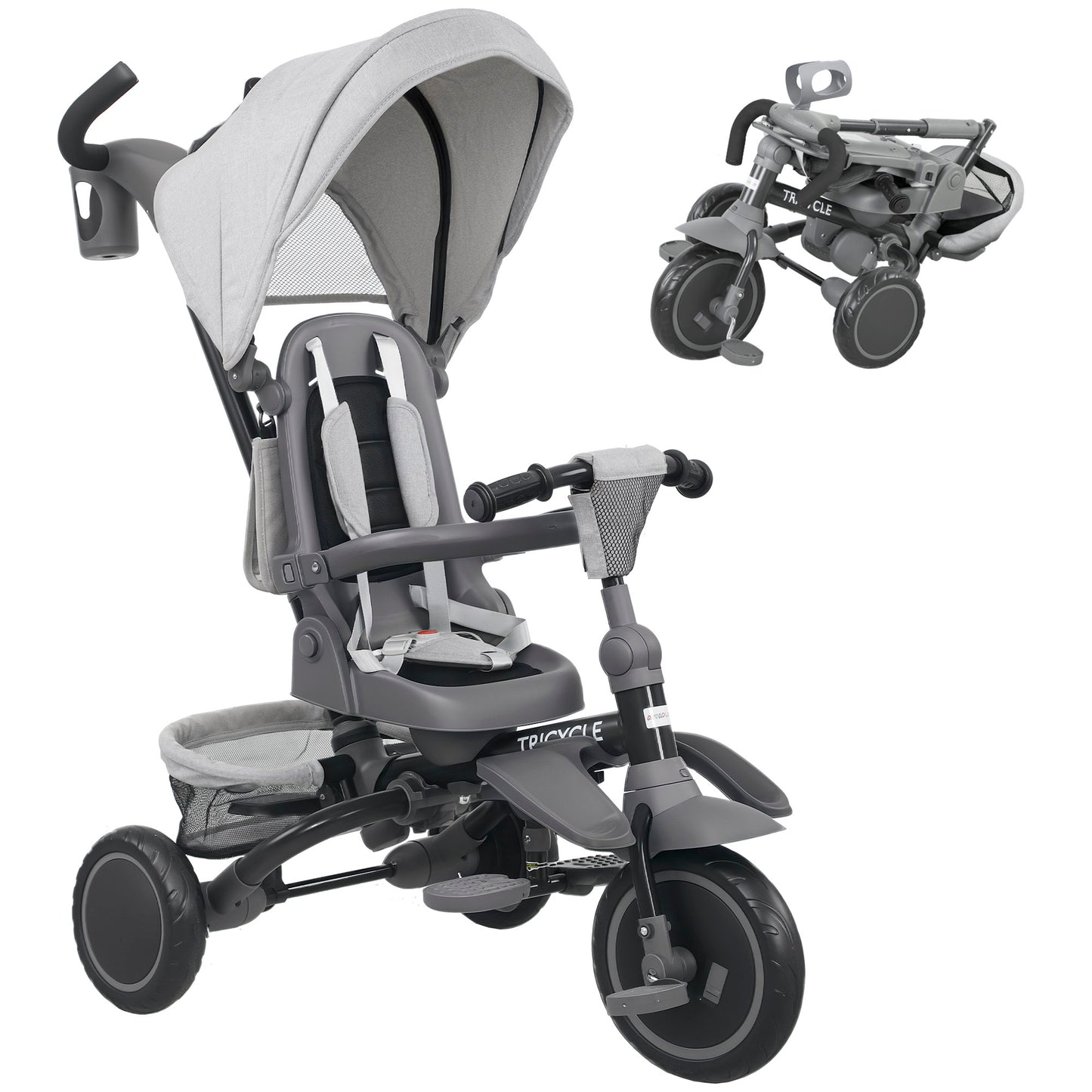 AIYAPLAY 6 in 1 Foldable Kids Trike with Adjustable Parent Handle & Canopy for Ages 1-5, Grey / Black / Pink
