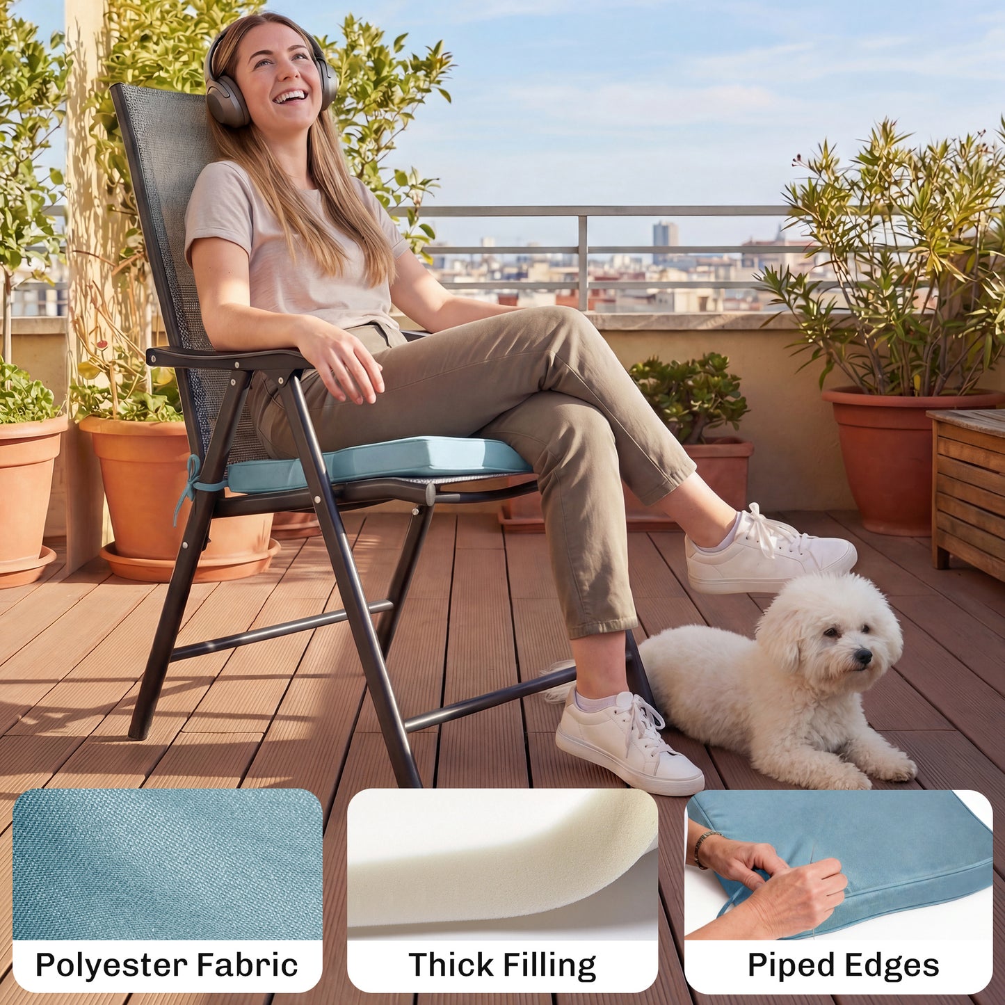 Set of 6 Chair Seat Cushions | 5cm Thick | UV-Treated | Water, Stain & Fade Resistant | Tie Fastenings | Removable Covers | Indoor & Outdoor | 42 x 42cm | Light Grey