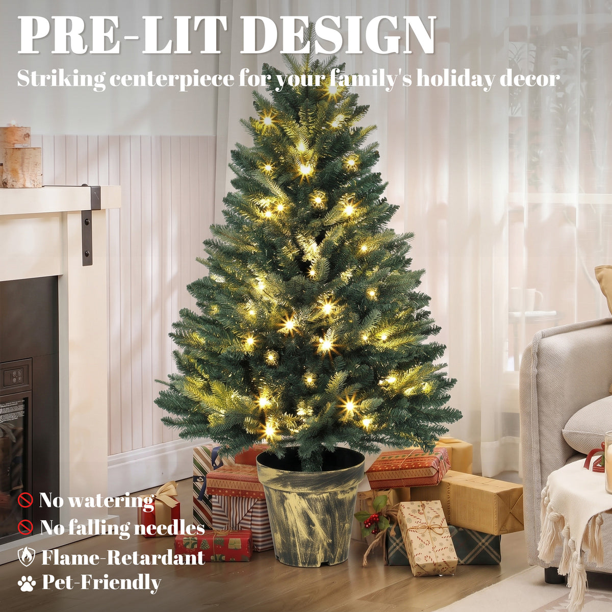 4ft Pre-Lit Artificial Christmas Tree | 750 PE & PVC Branch Tips | 80 Warm White LED Lights | Flame-Retardant | Metal Pole & Decorative Pot Base | 30–40 Min Setup | Φ62x120cm | Indoor | Green