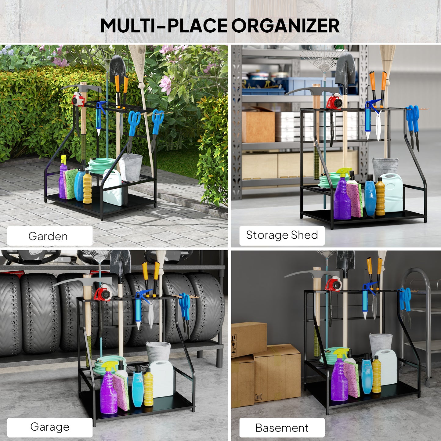 3-Tier Garden Tool Storage Rack | 20+ Tools | 5 G-Hooks & 6 Side Hooks | Adjustable Feet | Corner-Fit | Black