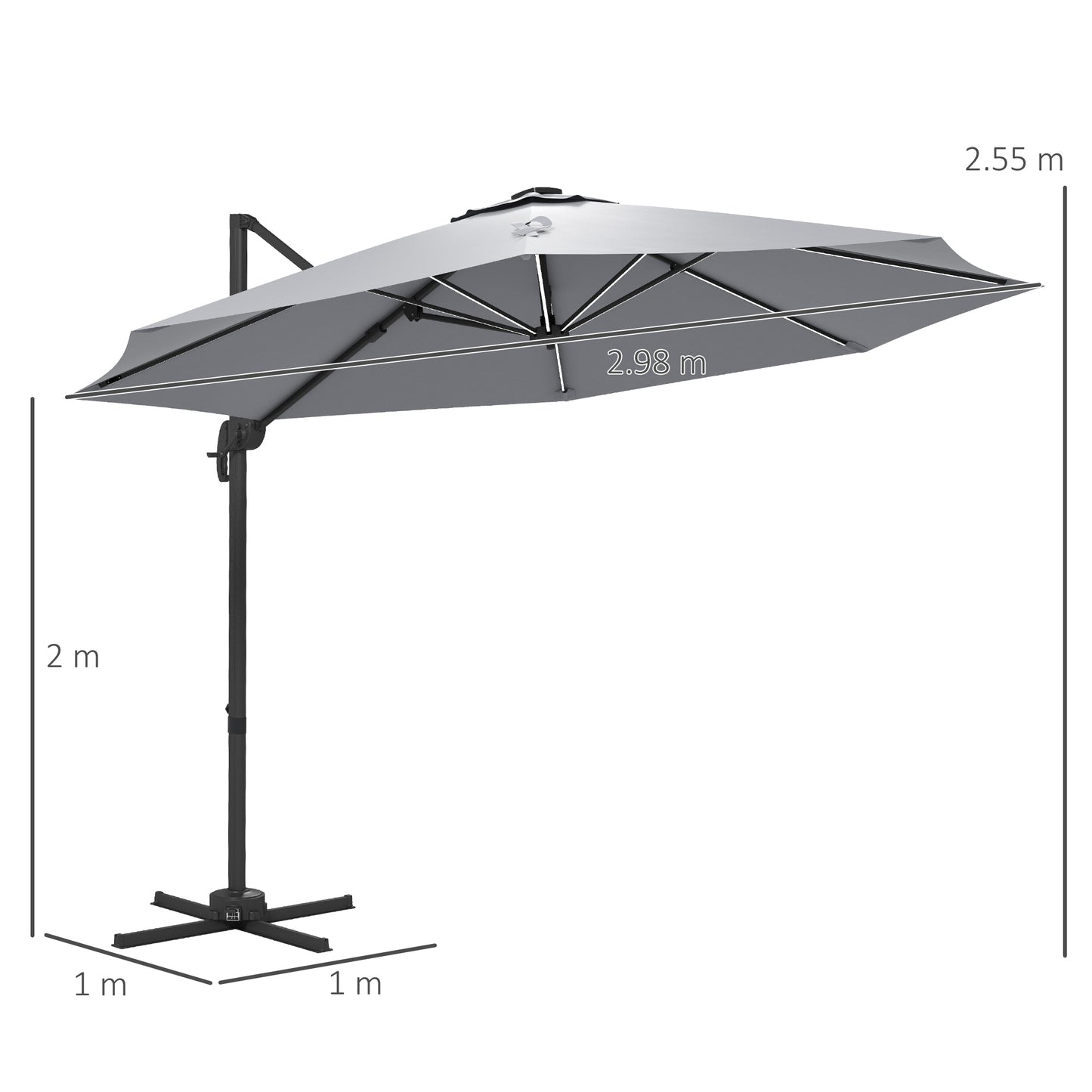 Outsunny 3(m) Adjustable Cantilever Parasol with Base, Solar LED Lights, Light Grey