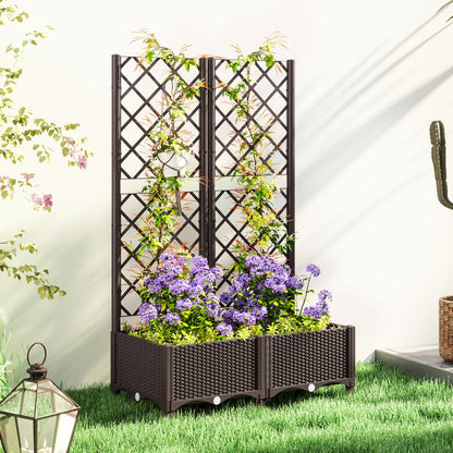 PP Raised Garden Bed with Trellis | 8 Drainage Holes & Drain Plugs | 20kg Capacity | 80x40x123cm | Indoor & Outdoor | Climbing Plants Veg & Flowers | Brown