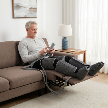 Air Compression Leg Massager with Heat | 6 Airbags | 360° Full-Leg Coverage | 3 Modes | 3 Intensities | Grey
