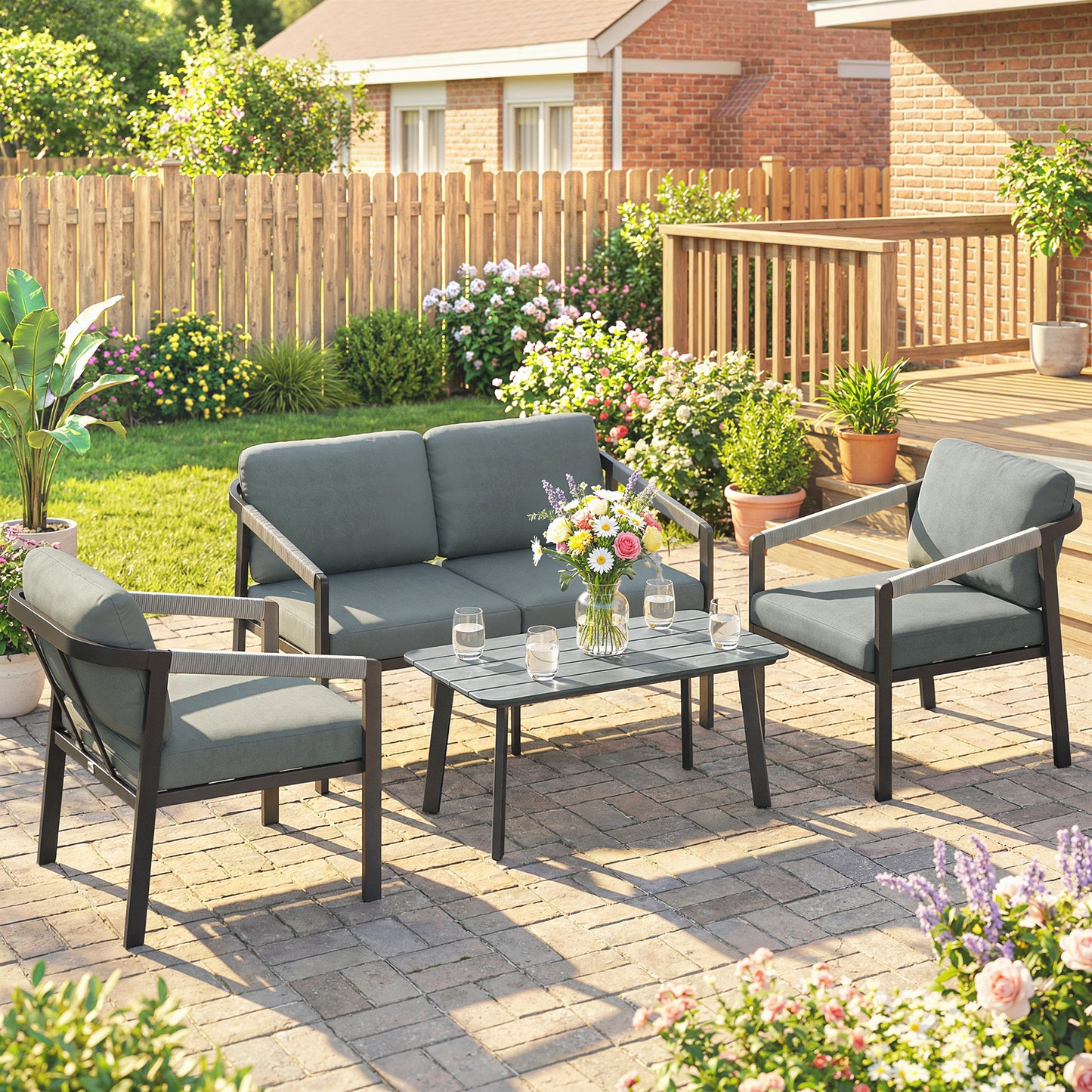 4-Seater Aluminium Garden Furniture Set | Loveseat, 2 Armchairs & Slatted Table | 10cm Cushions | Black