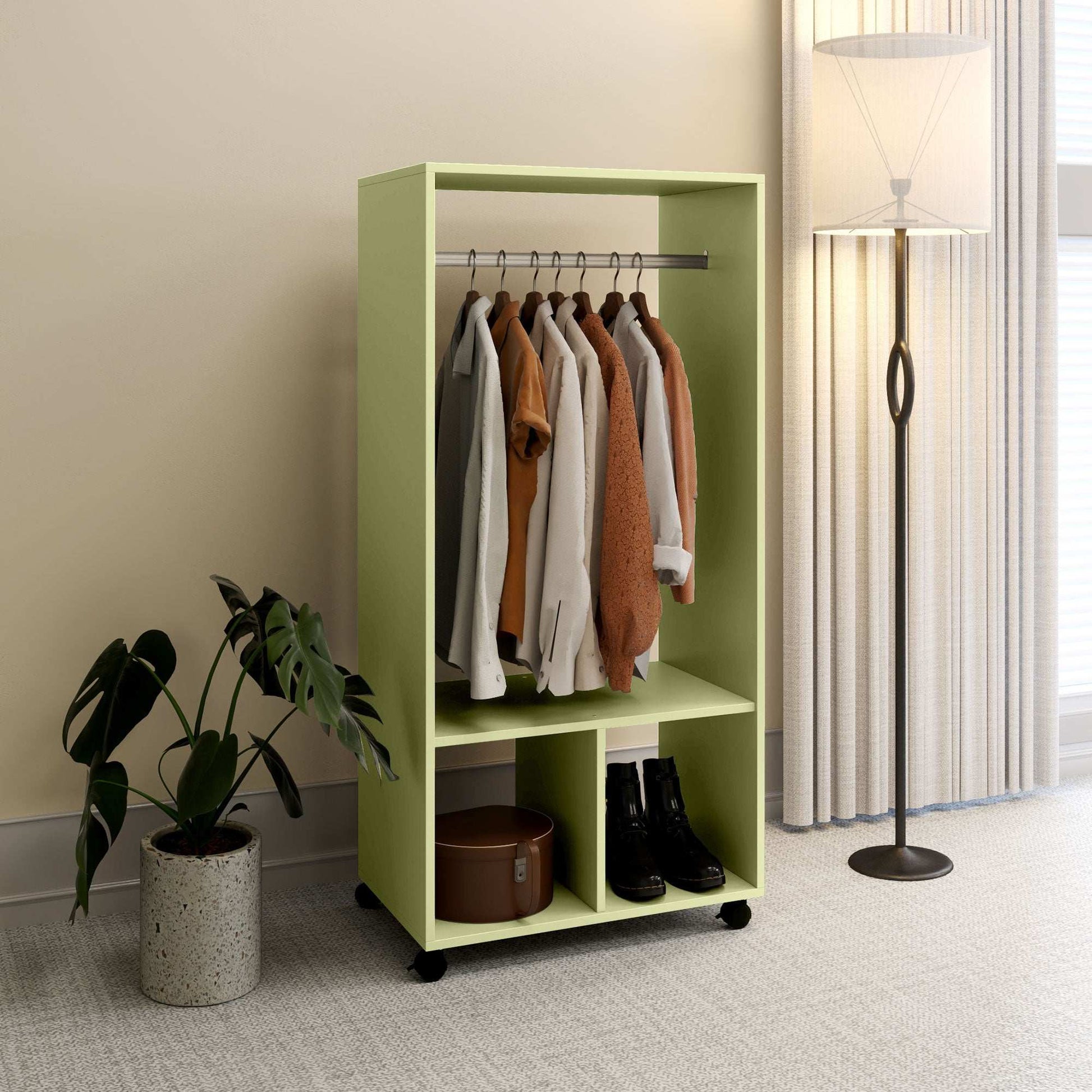 Open Wardrobe for Bedroom, Small Wardrobe on Wheels with Clothes Rail, Storage Shelves, Mobile Garment Rack for Clothes Storage- Green
