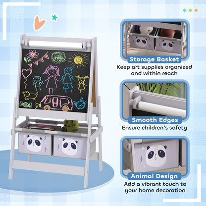 ZONEKIZ Kids Table and Chairs, Kids Storage Unit and Kids Easel Set, Cute Animal Design Kids Activity Furniture Set for Ages 3-8 Years, Grey