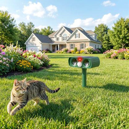 Solar Ultrasonic Animal Repeller | 110° PIR Motion Sensor | 6-8m Range | LED Flash | Ground Stake | IPX4 Weatherproof | Humane Cat Dog Rat Deterrent | 14x9.2x37cm | Green