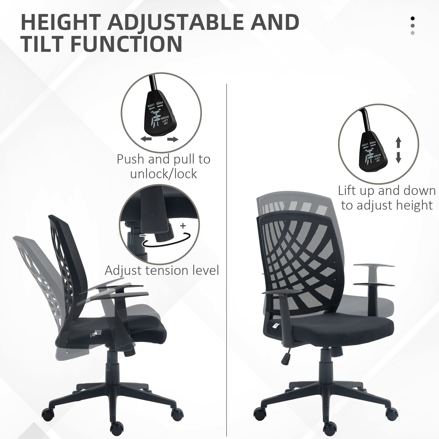 Ergonomic Office Chair, Height Adjustable Mesh Chair, Desk Chair with Swivel Wheels for Home Office, Black