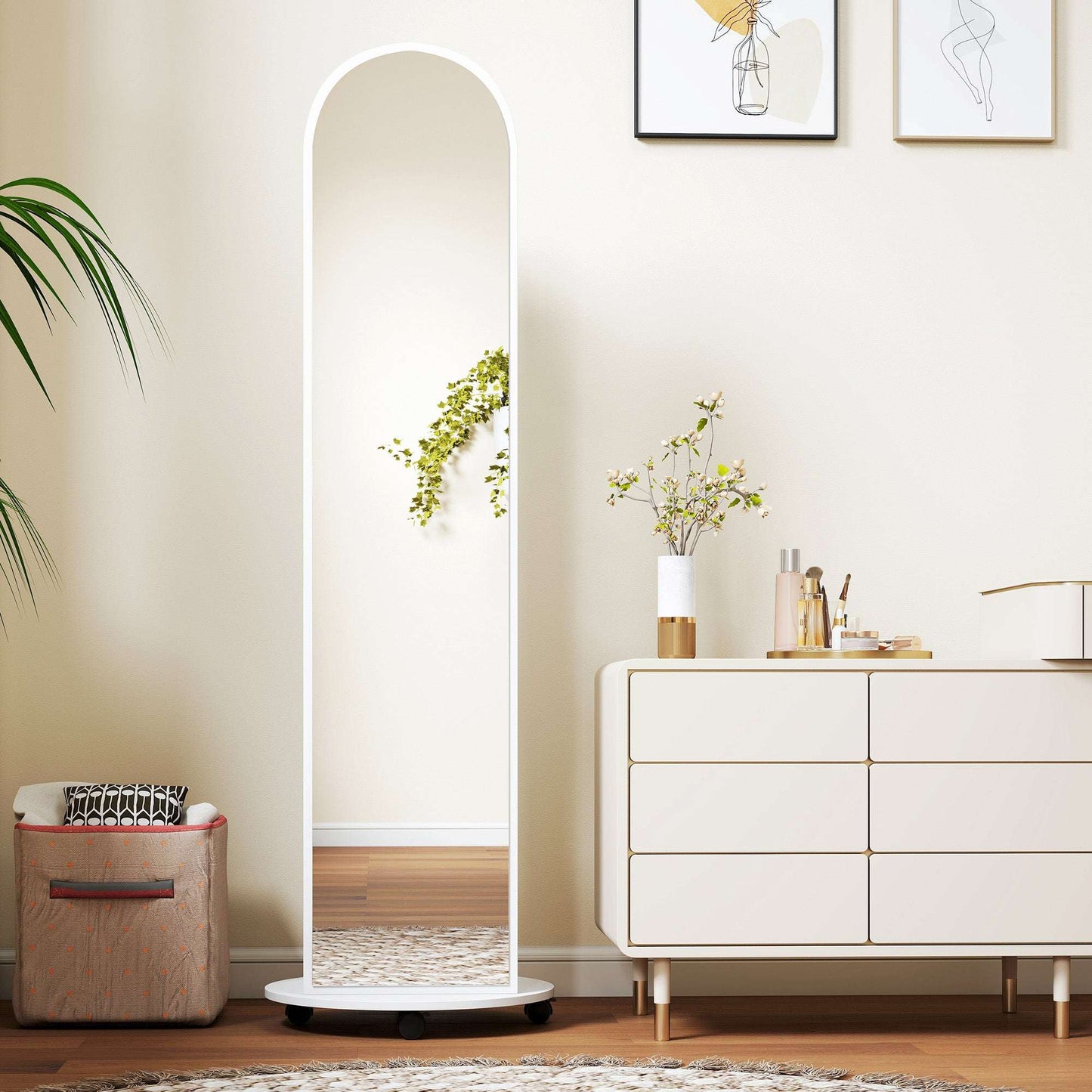 2-in-1 Full-Length Floor Mirror with Hidden Back Storage Shelves | Coat Rack & Hooks | 4 Lockable Wheels | Shatter-Resistant Tempered Glass | 50x50x167cm | White