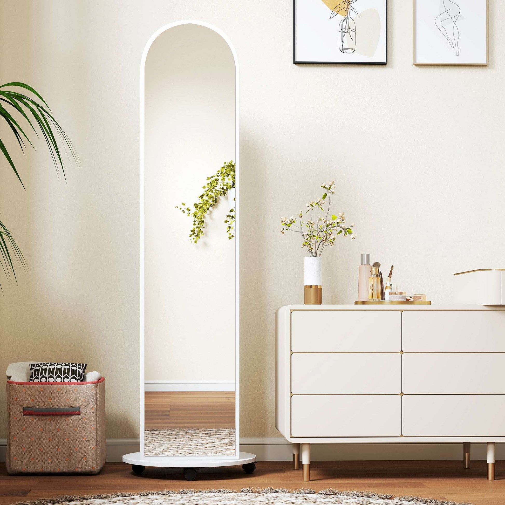 2-in-1 Full-Length Floor Mirror with Hidden Back Storage Shelves | Coat Rack & Hooks | 4 Lockable Wheels | Shatter-Resistant Tempered Glass | 50x50x167cm | White