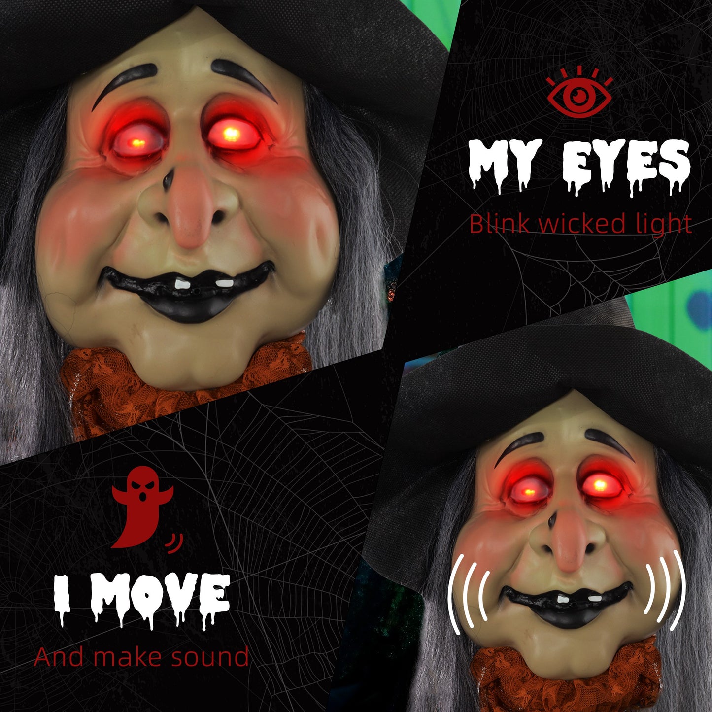 183 cm Life Size Halloween Animated Standing Fat-Faced Witch with Red Light Up Eyes, Sound Activated Moving Arms & Head, Scary Witch Halloween Decorations, Battery Operated, Indoor Party Props