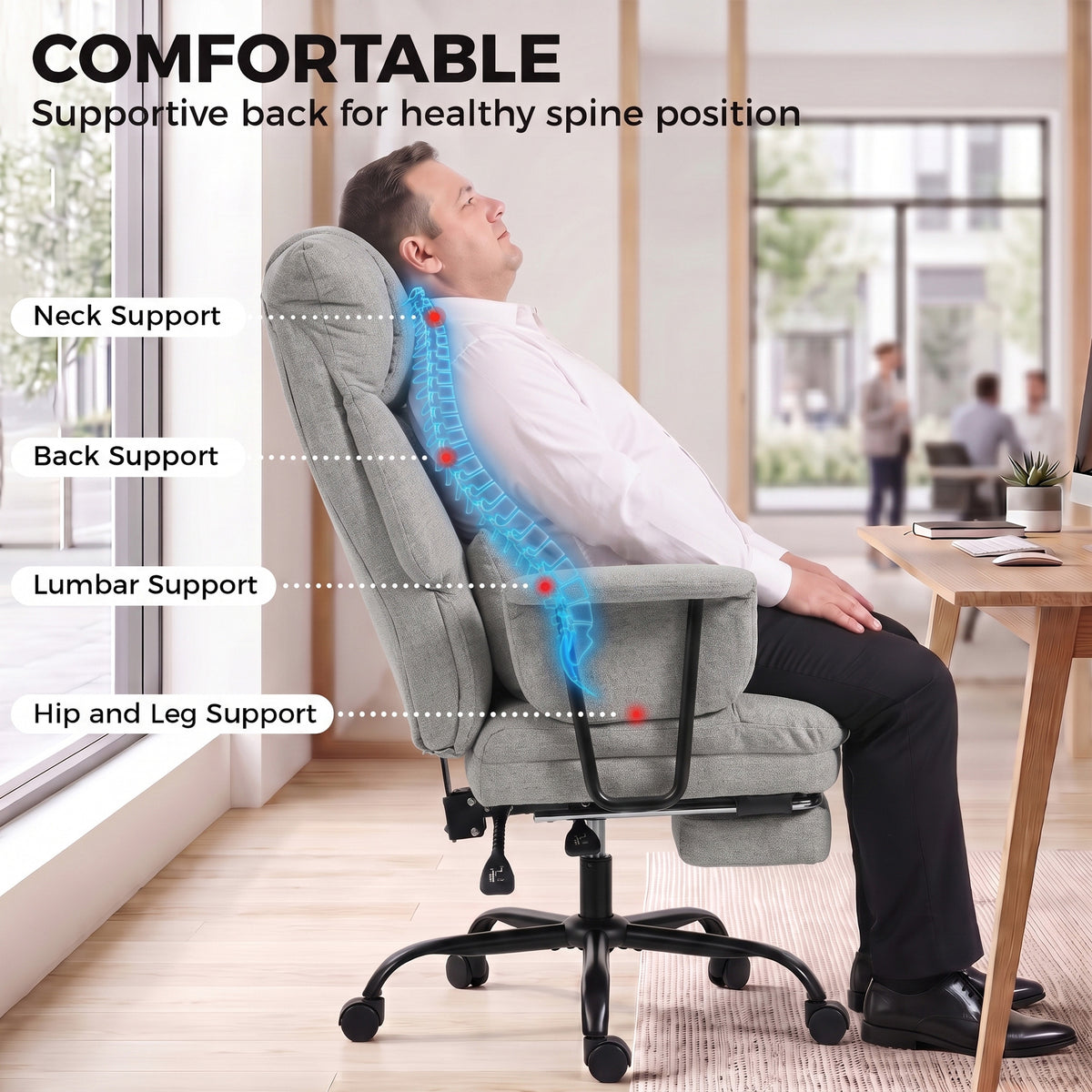 Grey Heavy-Duty Reclining Office Chair | 180 kg Capacity, 55 cm Wide Seat with Pocket Springs, Lumbar Support & Footrest | 135° Recline