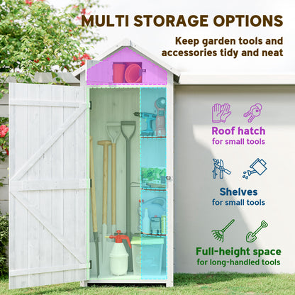 Tall Slim Fir Wood Garden Storage Shed | 3 Removable Shelves | Asphalt Roof | Roof Hatch Window | Door Latch | 2-Layer Water-Resistant Paint | 77x54.2x179cm | Light Grey