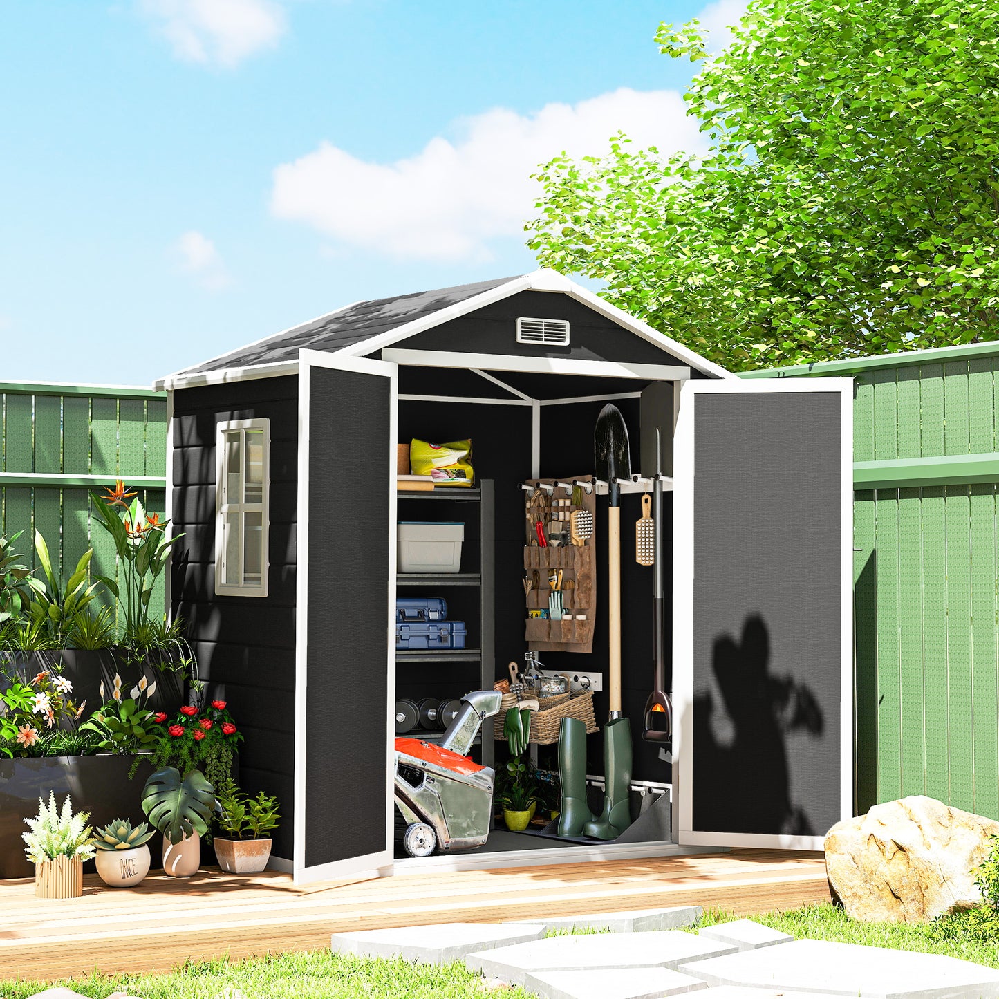 Aluminium Alloy & PP Garden Storage Shed | Double Doors | Lock & 3 Keys | Window | Vent | Sloped Roof | 40kg/m² Snow Rating | 183x134x210cm | 2.12m² | Black