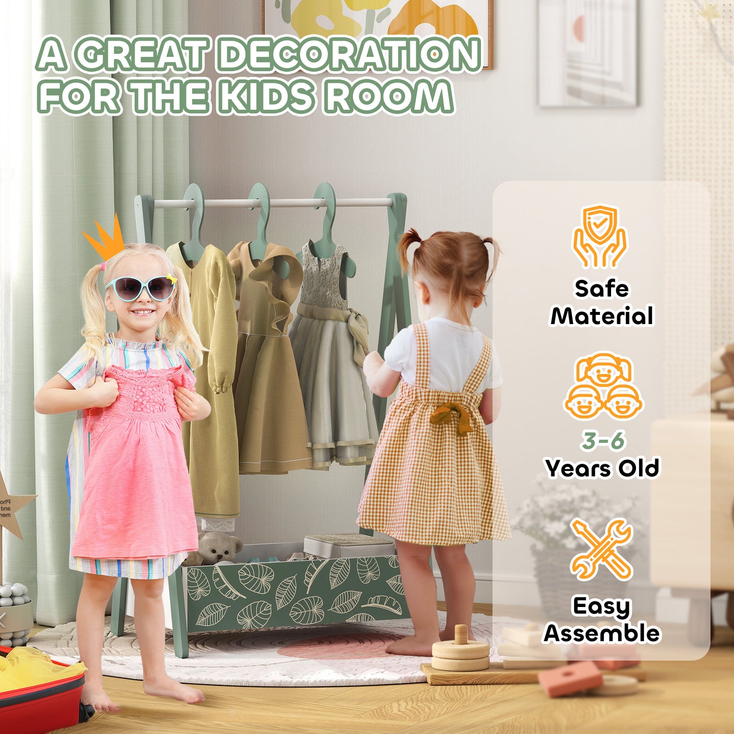 AIYAPLAY Baby Clothing Rack with Hangers, Storage Shelf for Bedroom, Leaf Theme, for Ages 3-6, Green / Pink