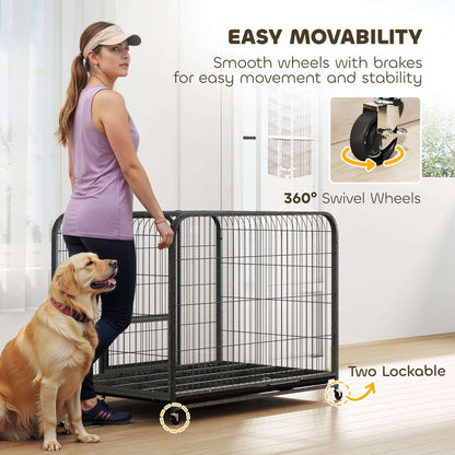 Heavy Duty Dog Crate | 116x77x88cm | 3 Doors | Slide-Out Tray | 4 Wheels | Raised Base | 30kg | Black