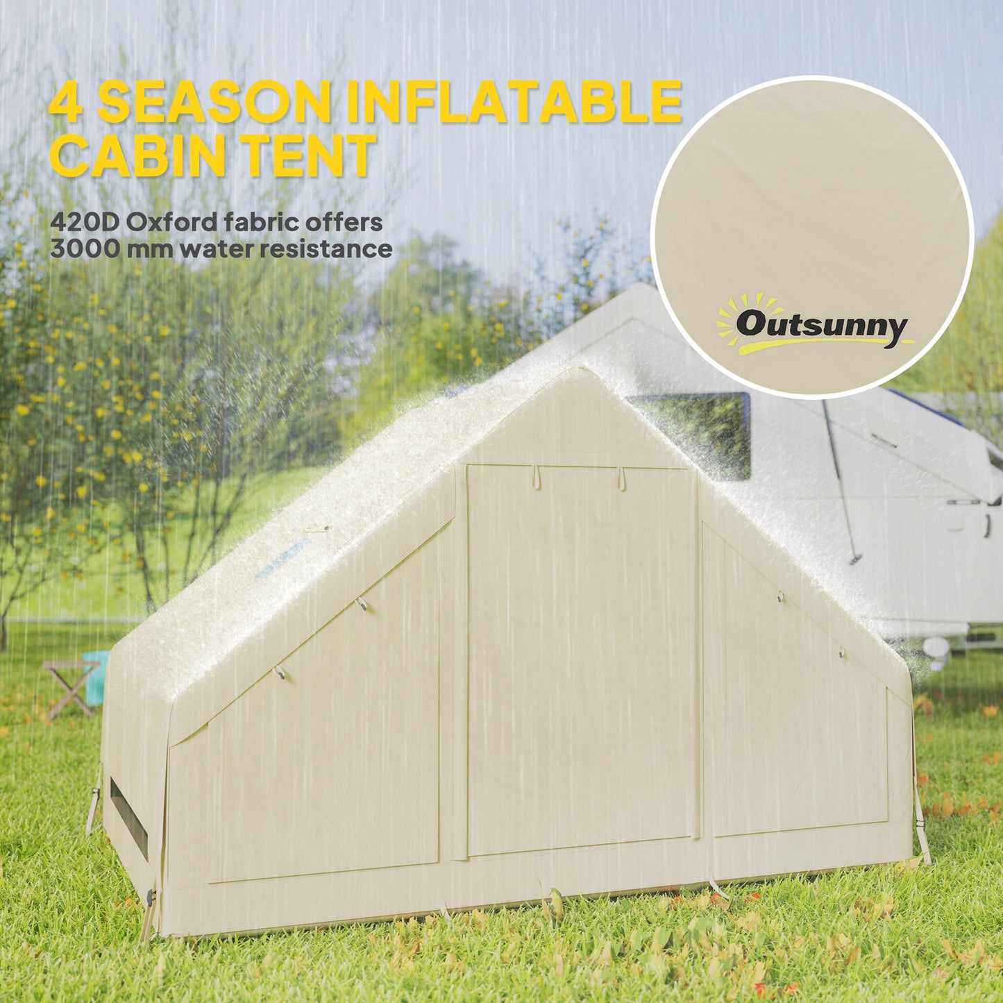 Outsunny Inflatable Camping Tent with Pump, Easy Setup 2-4 Person Blow Up Tent, Waterproof Luxury Inflatable Tent with Mesh Windows, Doors, Hook and Carry Bag, Beige
