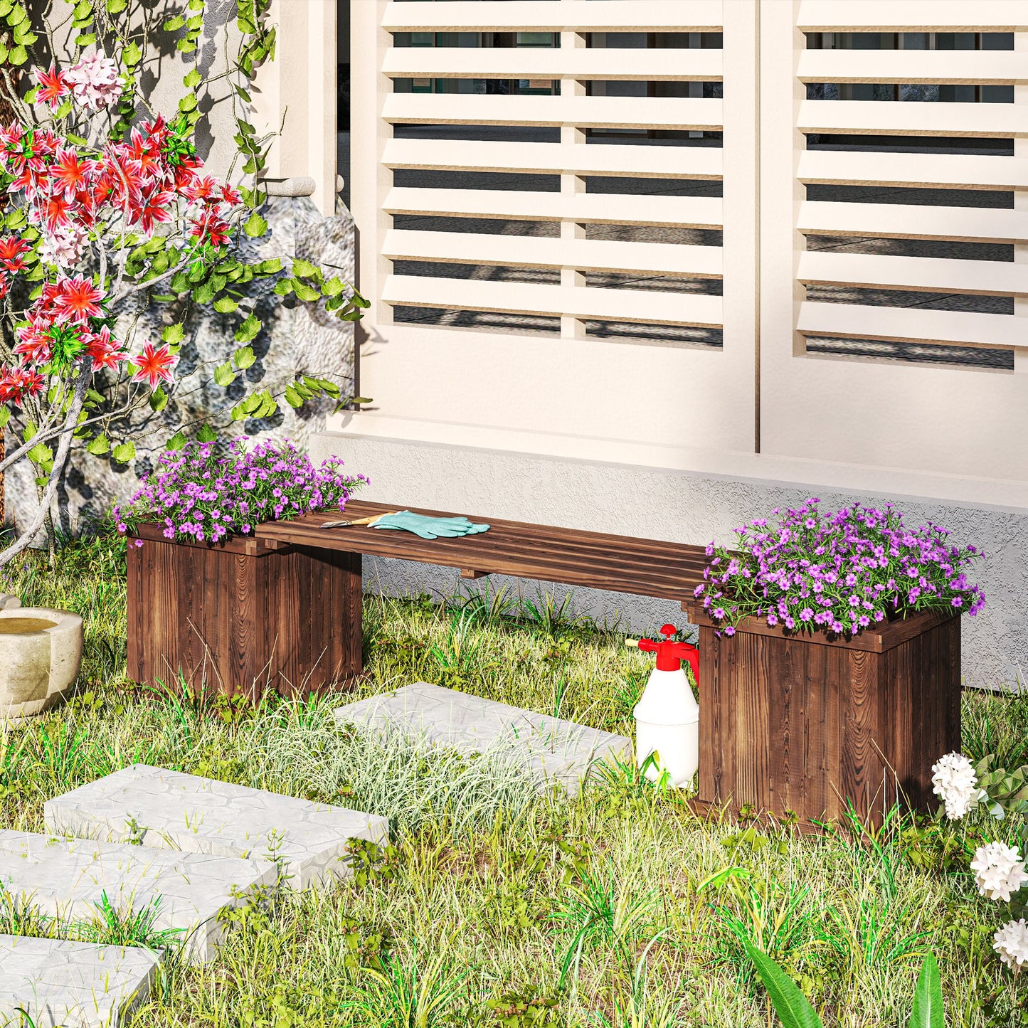 2-in-1 Wooden Garden Planter & Bench | Raised Beds Both Ends | Drainage Holes | Non-Woven Lining | 110kg Bench | 25kg Planters | Water-Based Varnish | 176x38x40cm | Carbonised Finish
