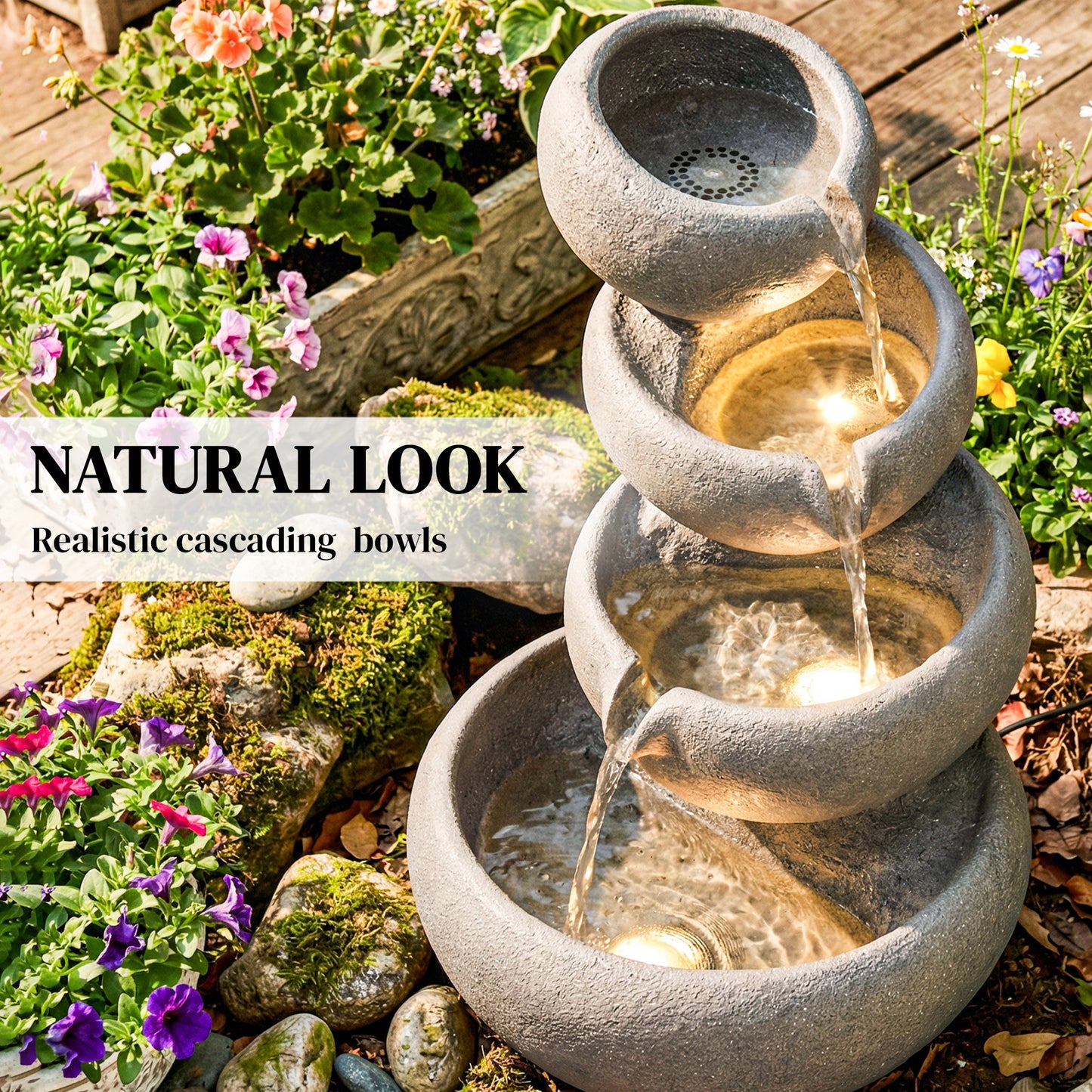4-Tier Resin Waterfall Fountain | Weathered Stone Look | Warm White LED Lights | 3-Speed Pump | 10-12L | 230V | UK Plug | 3m Cable | 35x32x50cm | Garden Patio Indoor & Outdoor | Mixed Colour