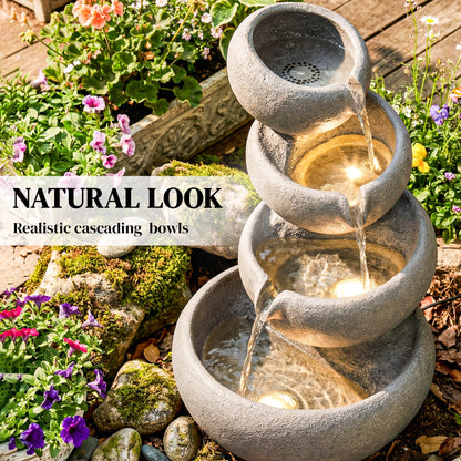 4-Tier Resin Waterfall Fountain | Weathered Stone Look | Warm White LED Lights | 3-Speed Pump | 10-12L | 230V | UK Plug | 3m Cable | 35x32x50cm | Garden Patio Indoor & Outdoor | Mixed Colour