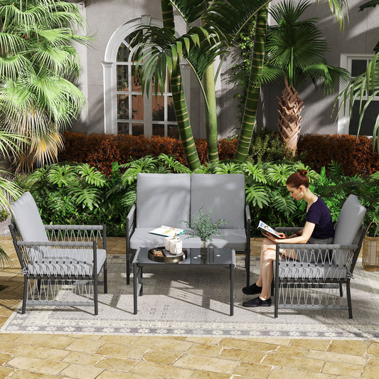 Outsunny 4 Piece Rattan Garden Furniture Set, 4 Seater Wicker Patio Conversation Set with 2 Armchairs, Loveseat, Glass Top Coffee Table and Cushions