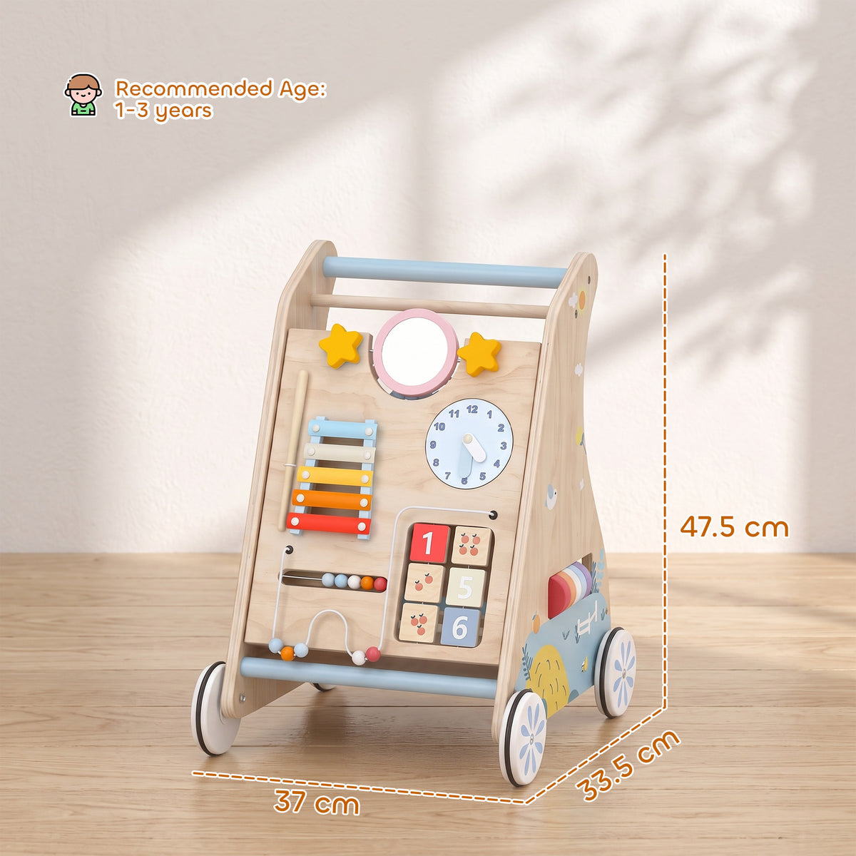 Wooden Baby Walker | Detachable Double-Sided Activity Board, Push-Along Learning Toy with Storage | 1-3 Years | Natural Finish