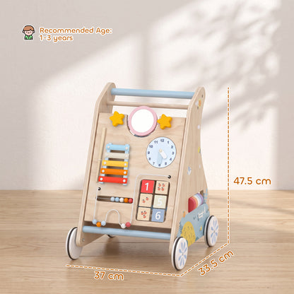 Wooden Baby Walker | Detachable Double-Sided Activity Board, Push-Along Learning Toy with Storage | 1-3 Years | Natural Finish