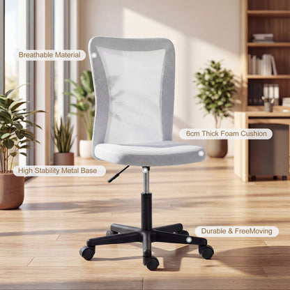 Armless Mesh Office Chair | 360° Swivel | Adjustable Height 40-52cm | 6cm Padded Seat | Breathable Mesh Back | 120kg | Space Saving | White