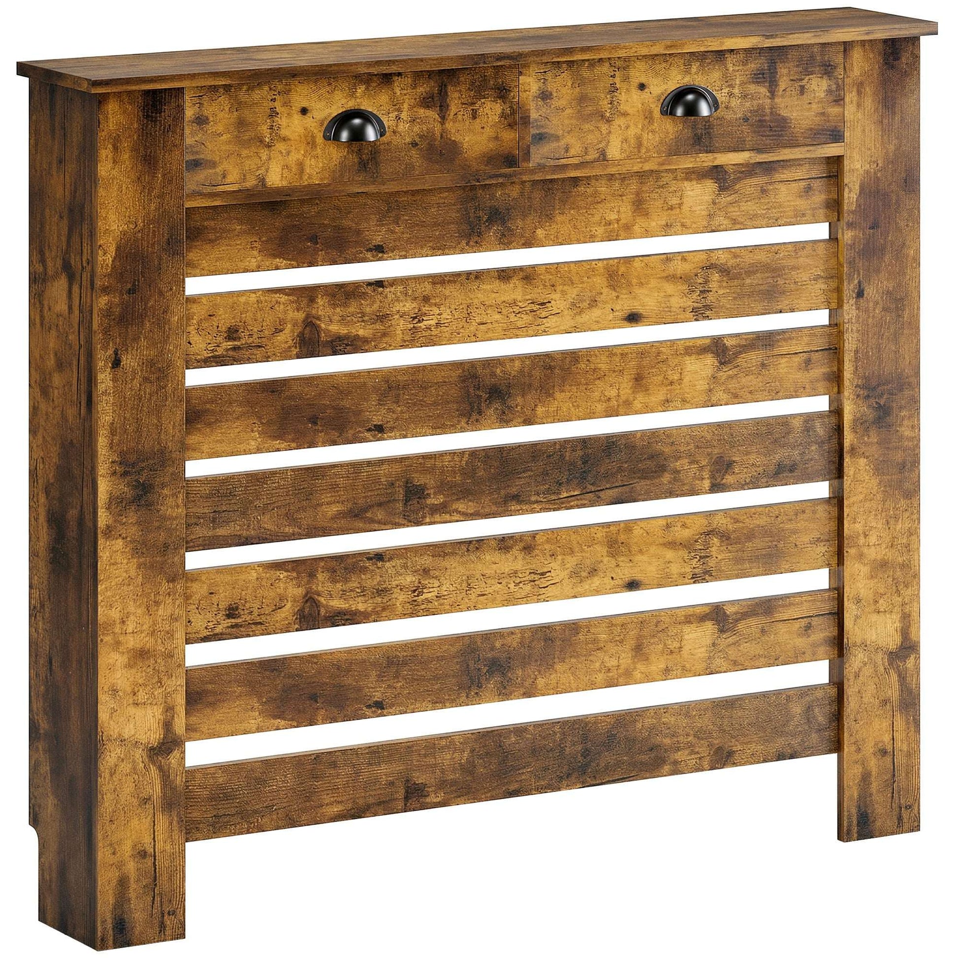 MDF & Particle Board Radiator Cover with 2 Drawers | Slatted Design | Skirting Board Cut-Outs | Easy-Fix Clips | Wood-Effect Top | 5kg Per Drawer | 111x19x95.5cm | Rustic Brown