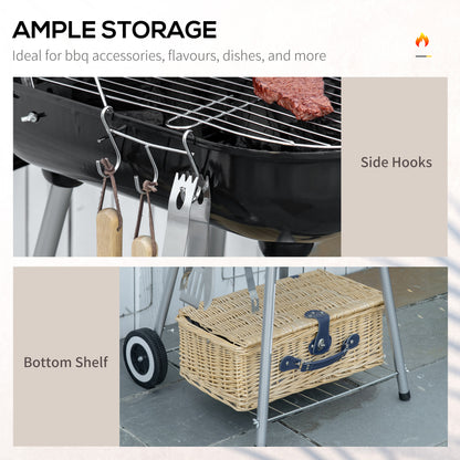 Outsunny Portable BBQ Charcoal Grill with 2 Wheels and Cooking Utensils, Smoker Grill with Lid for Outdoor Barbecues, Camping, Picnic