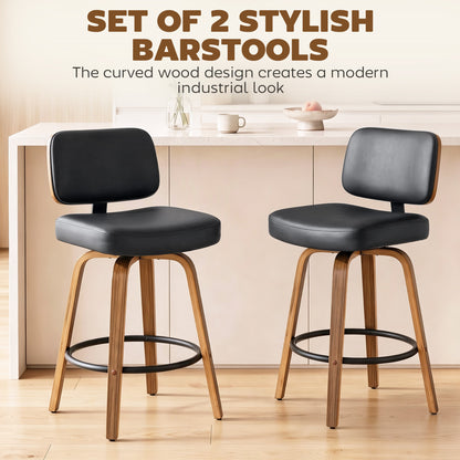 Bar Stools Set of 2 | 360° Swivel | 66cm Seat Height | 7.5cm Padded PU Seat | Curved Backrest | Steel Footrest | Poplar Wood Frame | Fire-Retardant Foam | 44x49x95cm | 120kg | Fits 89–99cm Bar Tables | Black