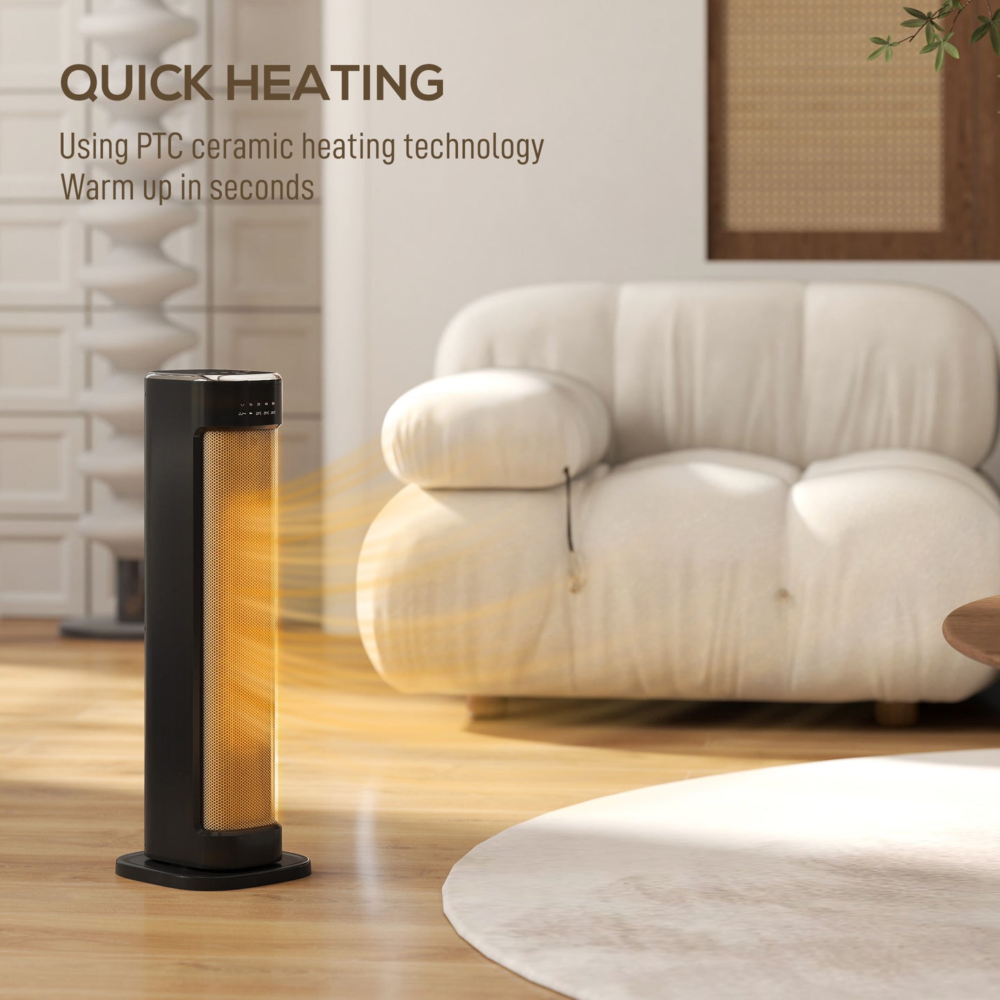 2000W Ceramic Electric Heater with 3 Heat Settings, Timer - Black