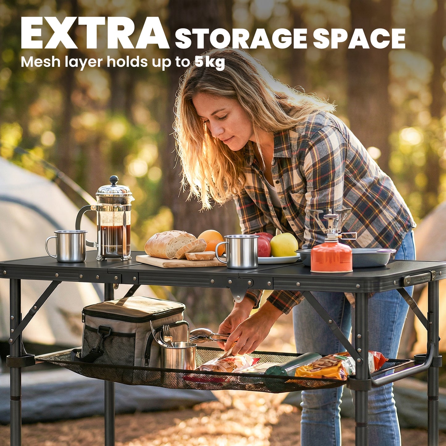 3ft Folding Camping Picnic Table | Tri-Fold | 90x40cm | Water Repellent MDF Top | Mesh Storage Layer | Carry Bag | 35kg | Black