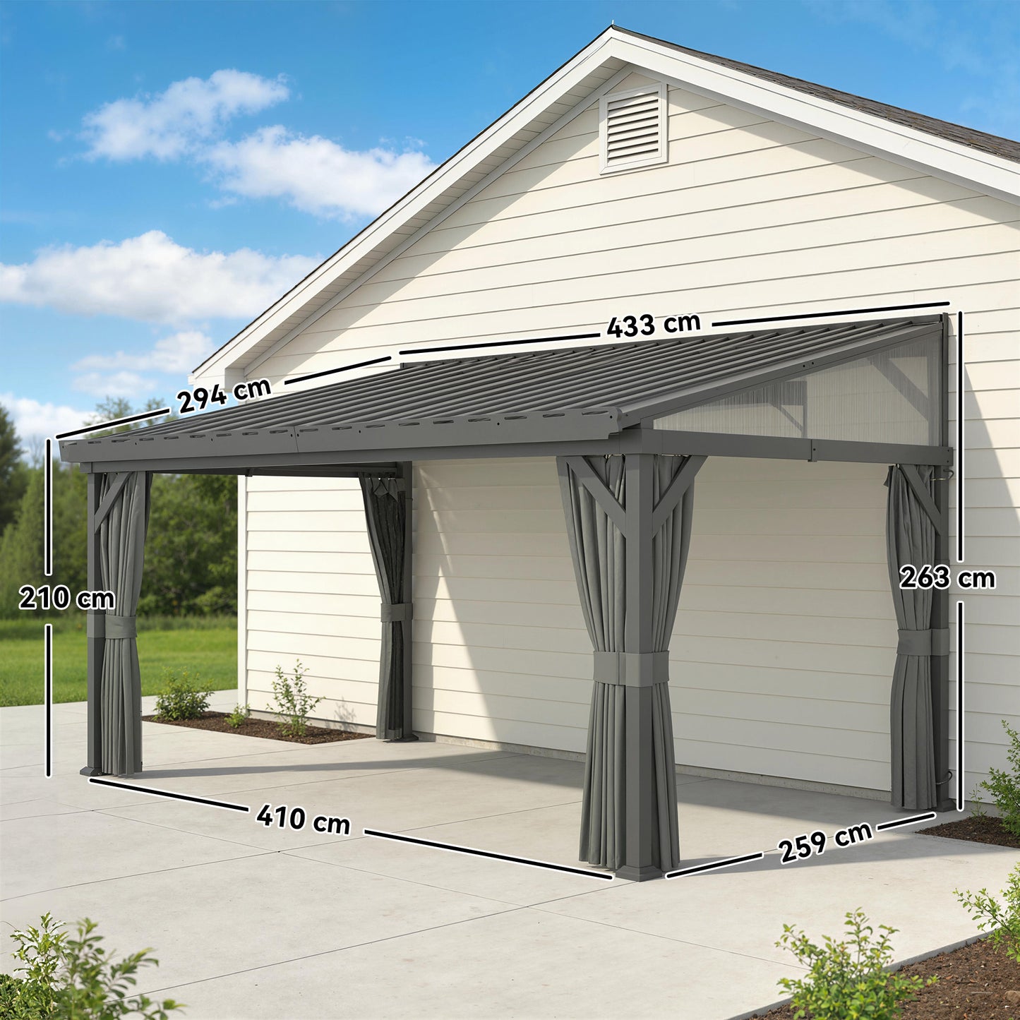 Outsunny 4.3 x 3 m Garden Pergola with Galvanised Steel Roof, Lean to Pergola Gazebo with Netting Curtains, Dark Grey