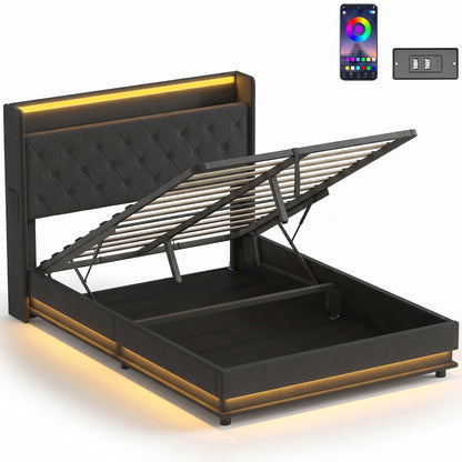 4ft6 Double Ottoman Bed Frame | Hydraulic Storage, RGB LED Headboard Lights & USB Charging | Cream White or Black
