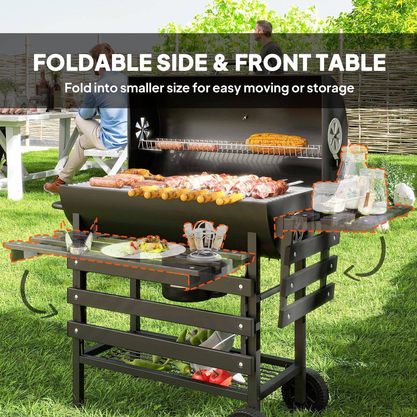Charcoal BBQ Grill with Foldable Front Side Shelf, Portable Barbecue Smoker with Warming Rack, Bottom Shelf, Lid, Temperature Gauge