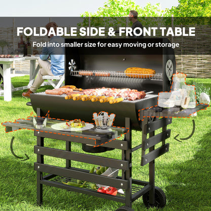 Charcoal BBQ Grill with Foldable Front Side Shelf, Portable Barbecue Smoker with Warming Rack, Bottom Shelf, Lid, Temperature Gauge