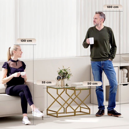 Nest of 2 Tables | Tempered Glass Tops | Gold-Tone Steel Tube Frame | Nesting Design | Adjustable Foot Pads | Large 40x40x55cm Small 35x35x50cm | 20kg Capacity | Transparent & Gold